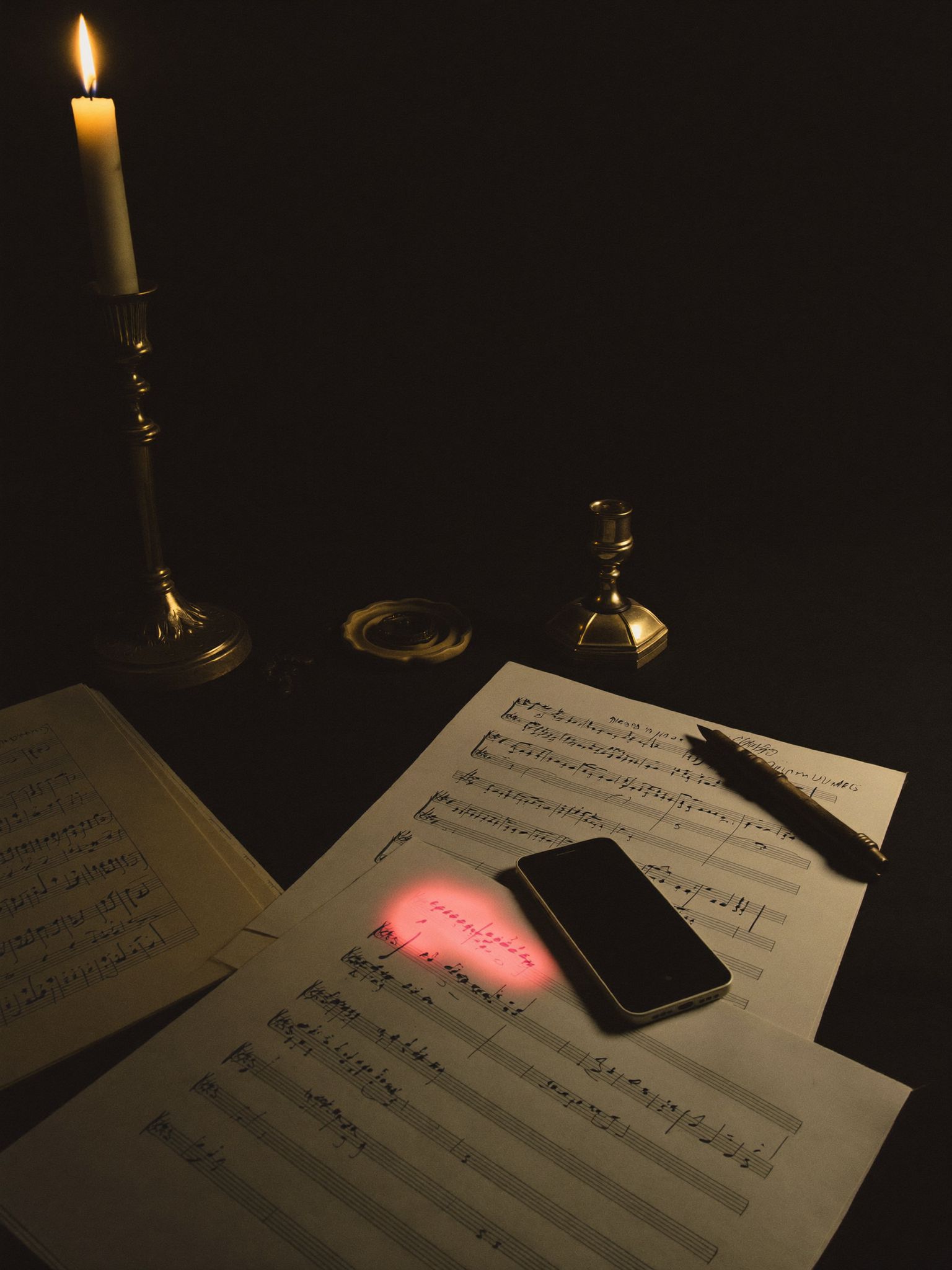 A candlelit desk with handwritten sheet music and a phone glowing pink on the score