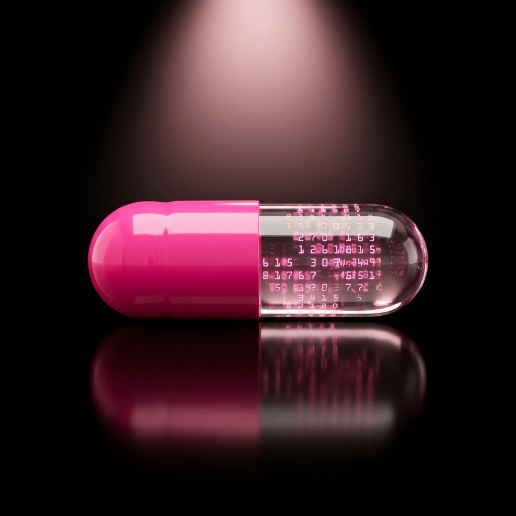 A capsule pill, half hot pink and half glass filled with glowing code, under a single spotlight